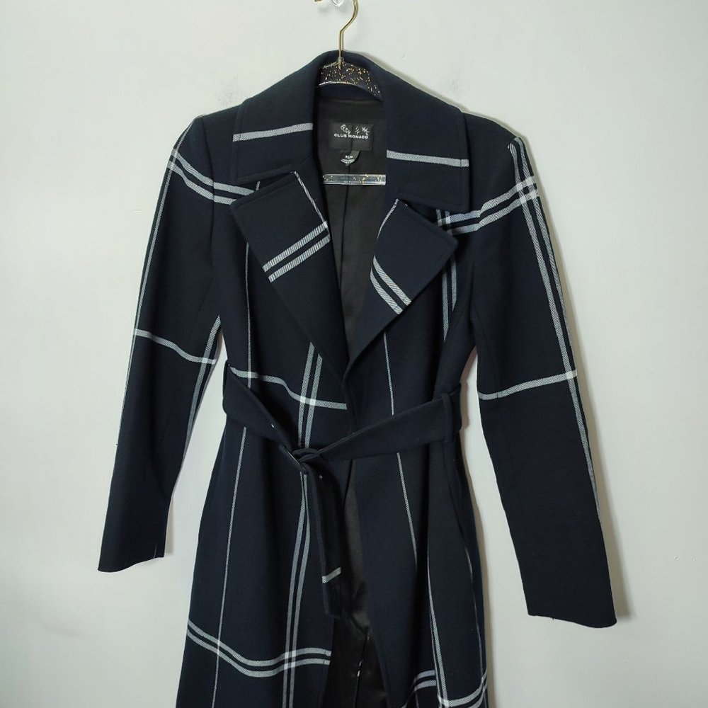 Club Monaco plaid coat dark blue white lines